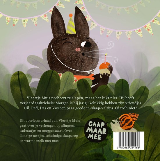 Vleertje muis houdt een stuk verjaardagstaart vast.