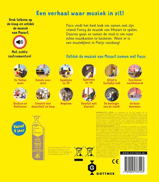 Paco en Mozart achterflap geel muziek fragmenten - Beleaf Kinderboeken