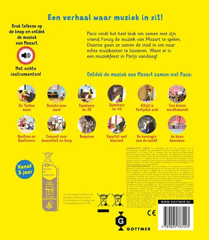 Paco en Mozart achterflap geel muziek fragmenten - Beleaf Kinderboeken